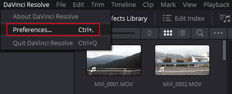 英語版 DaVinci Resolve 環境設定を開く